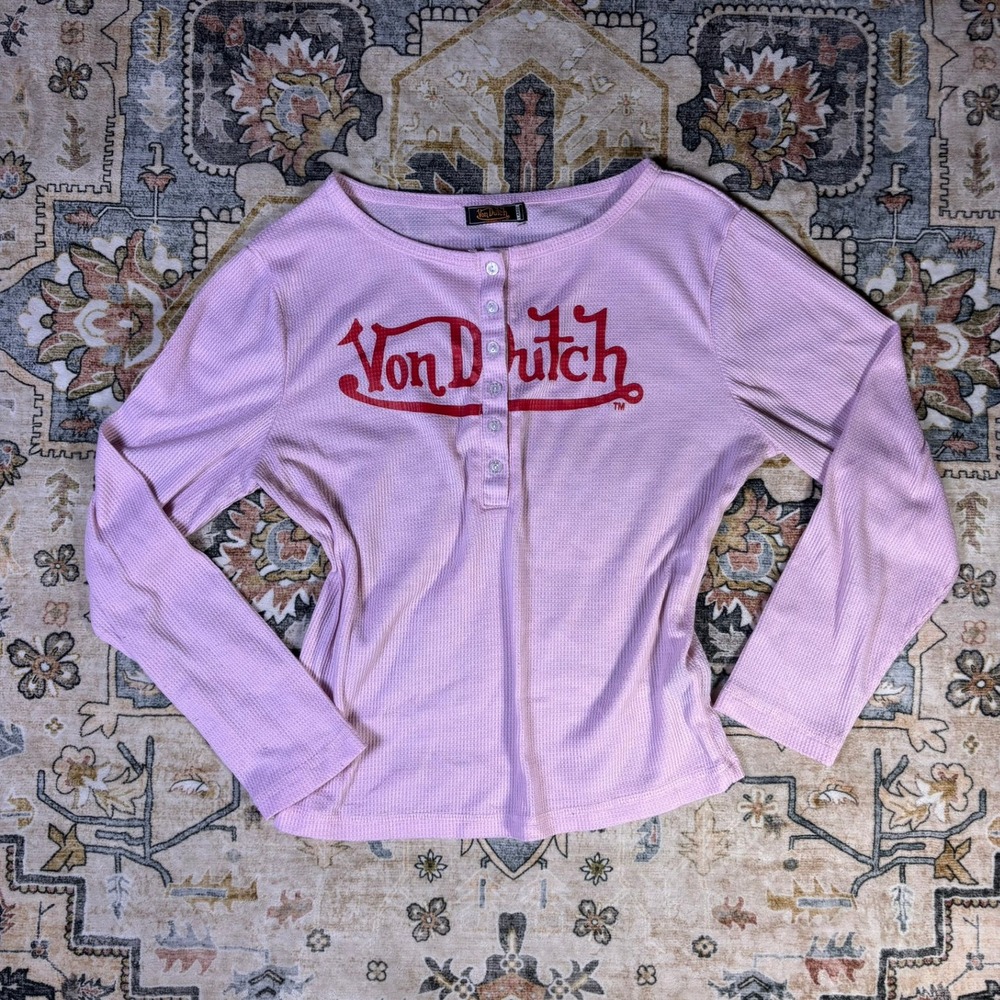 Von Dutch Originals Pink Waffle Knit Henley Long Sleeve Logo Top Large
